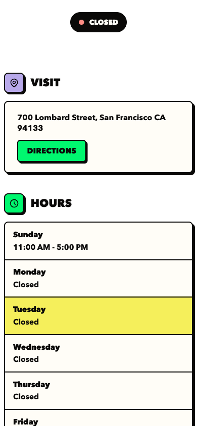 DoorFront mobile visit details with status, directions, and hours