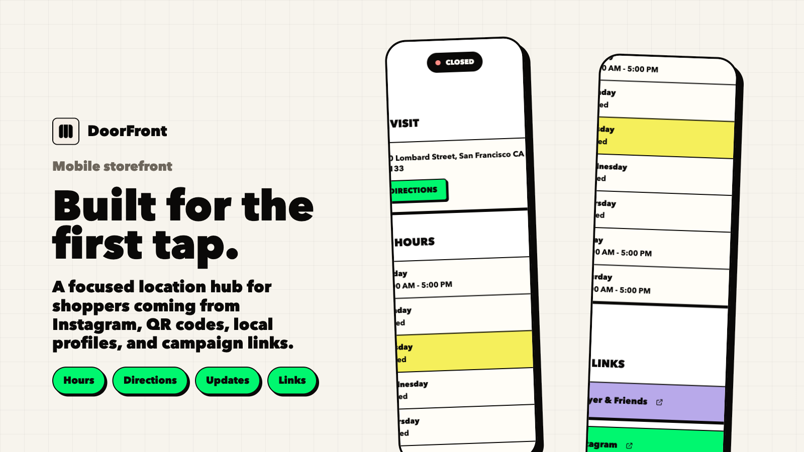 DoorFront mobile storefront screenshots showing visit details, hours, and priority links