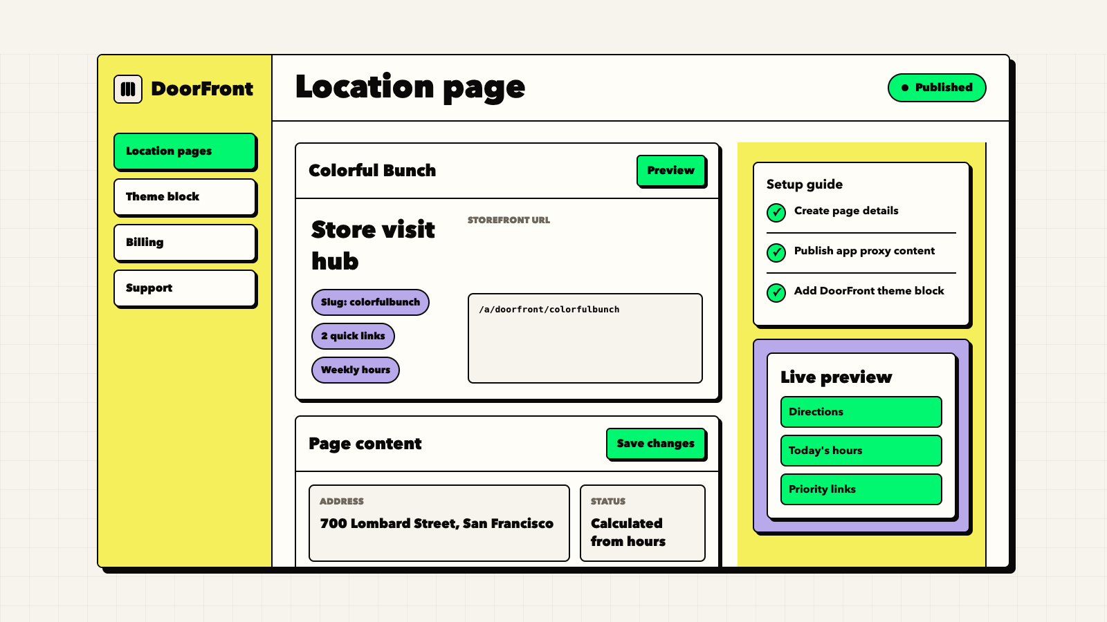DoorFront admin editor for store hours, directions, updates, and quick links