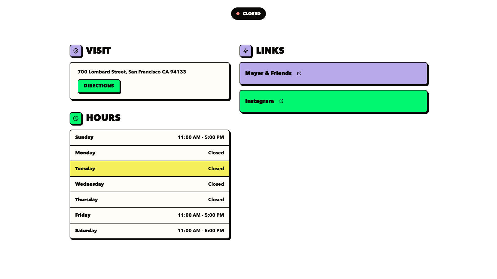 DoorFront storefront page with visit details, hours, and links